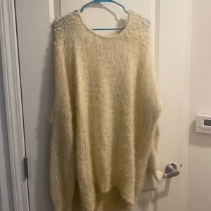 Fluffy fuzzy sweater with pearl shoulder detail